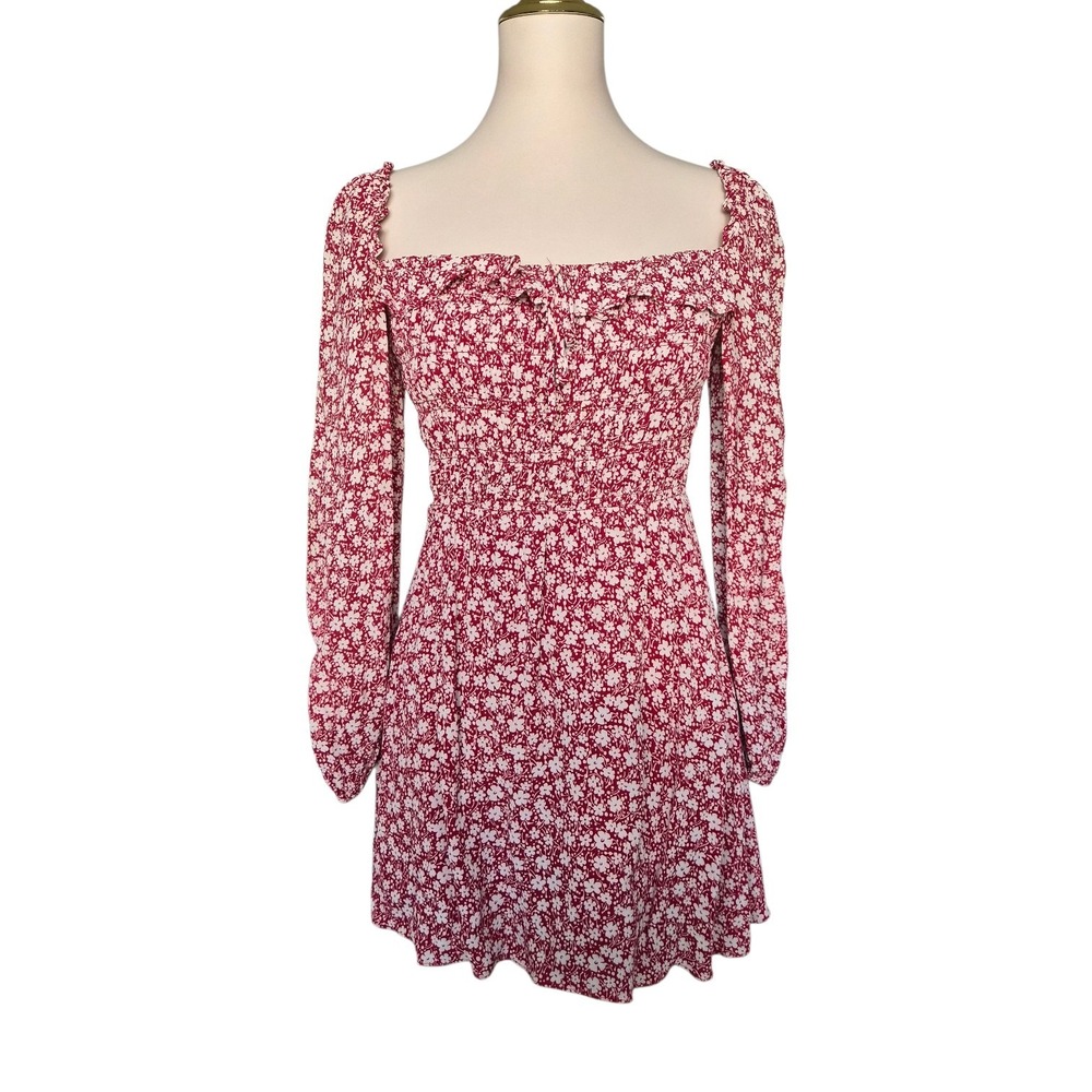Reformation Morris Red Floral Mini‎ Dress Size 6 Long Sleeve Square Neck